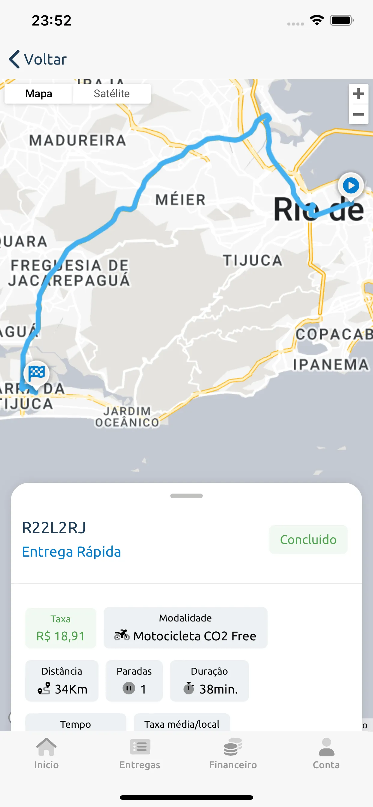 Tela do app BKC Entregas mostrando o trajeto de uma entrega concluída no mapa