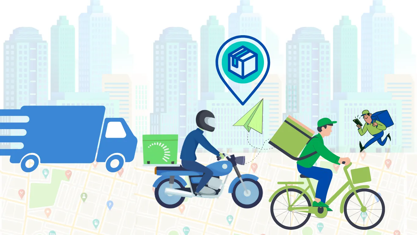 Ilustração de entregadores de moto, bicicleta e caminhão cruzando a cidade